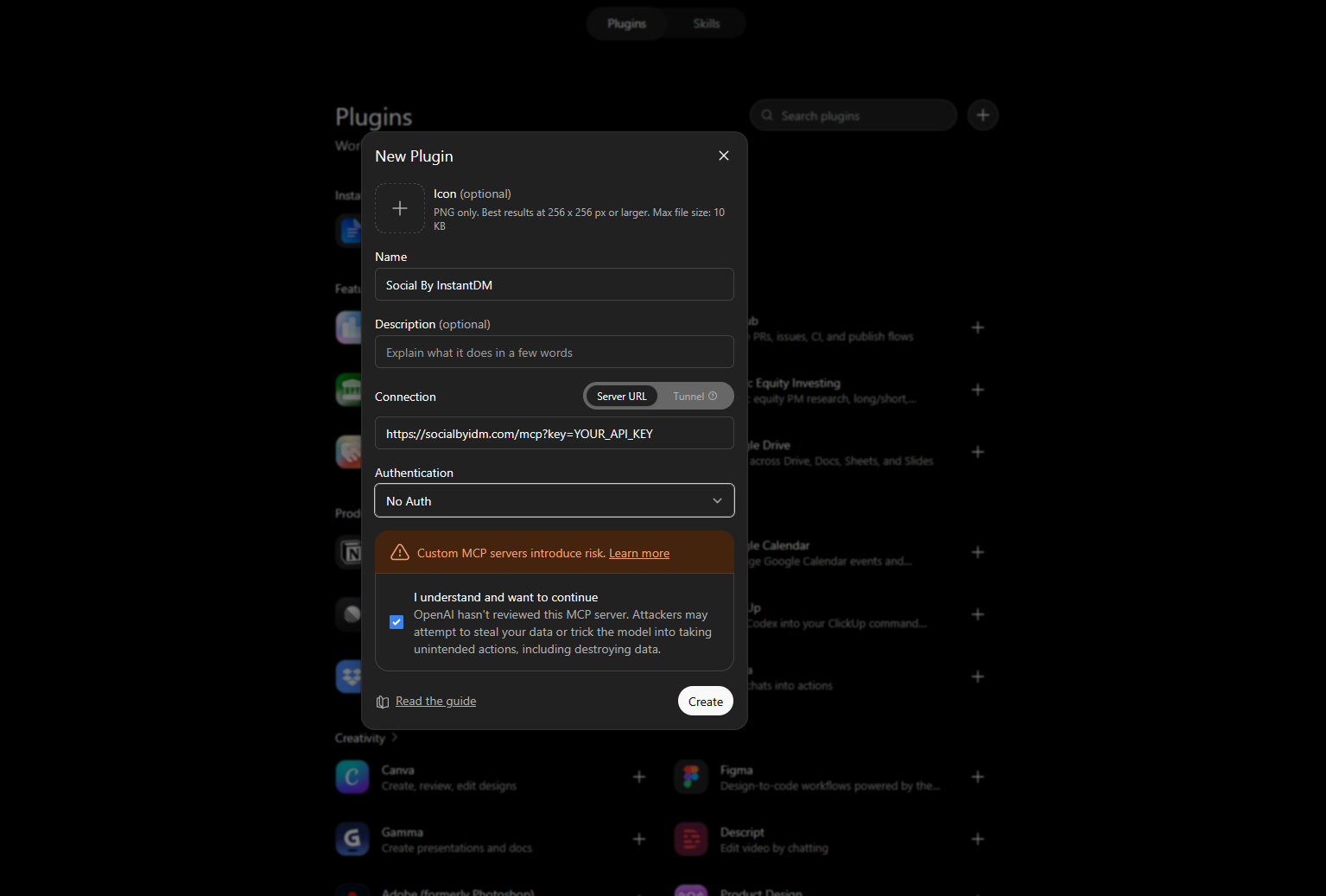 ChatGPT's New Plugin dialog, showing the Server URL field with the key as a query parameter and Authentication set to No Auth