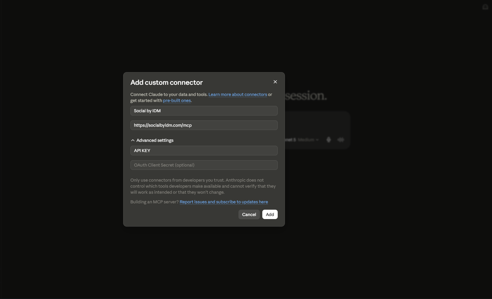 The Add custom connector dialog with Advanced settings expanded to reveal the API KEY field