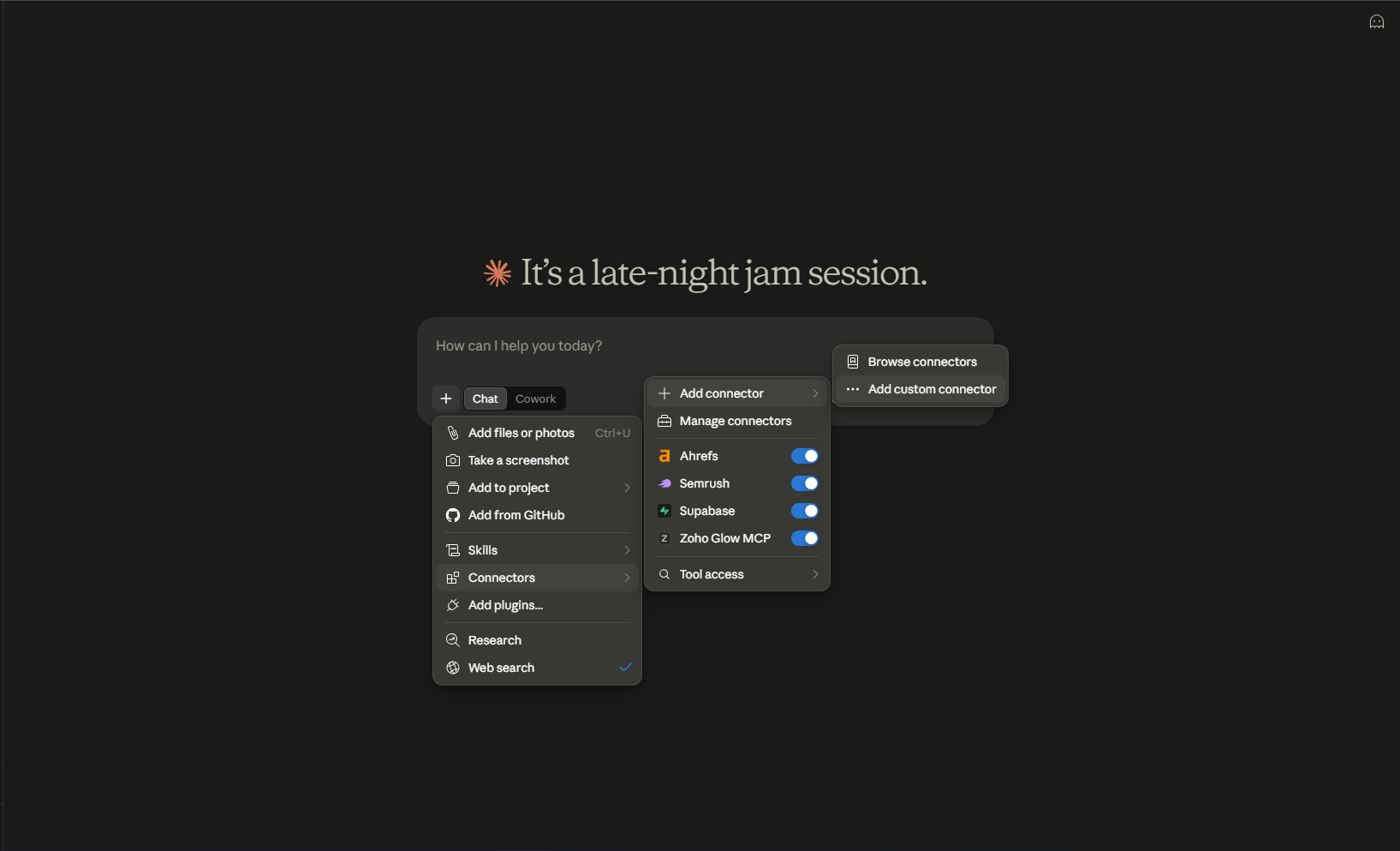 The Claude composer menu, showing Connectors then Add custom connector