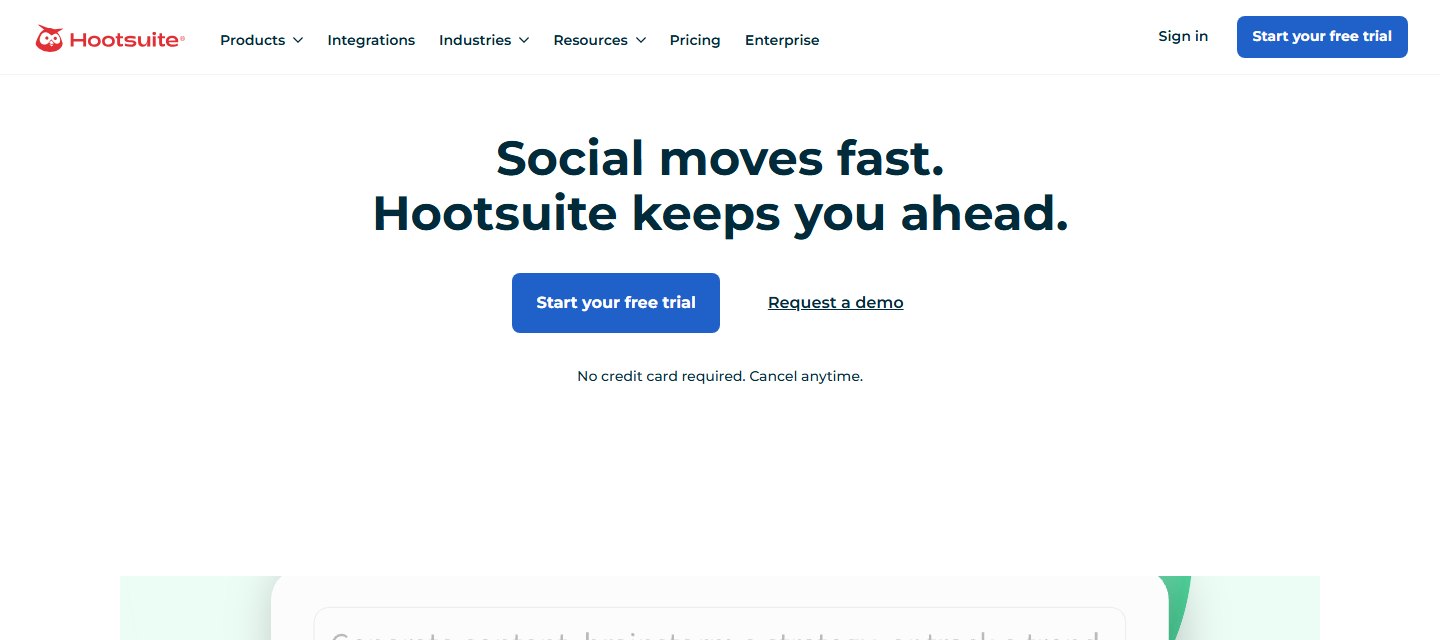 Hootsuite's homepage in 2026