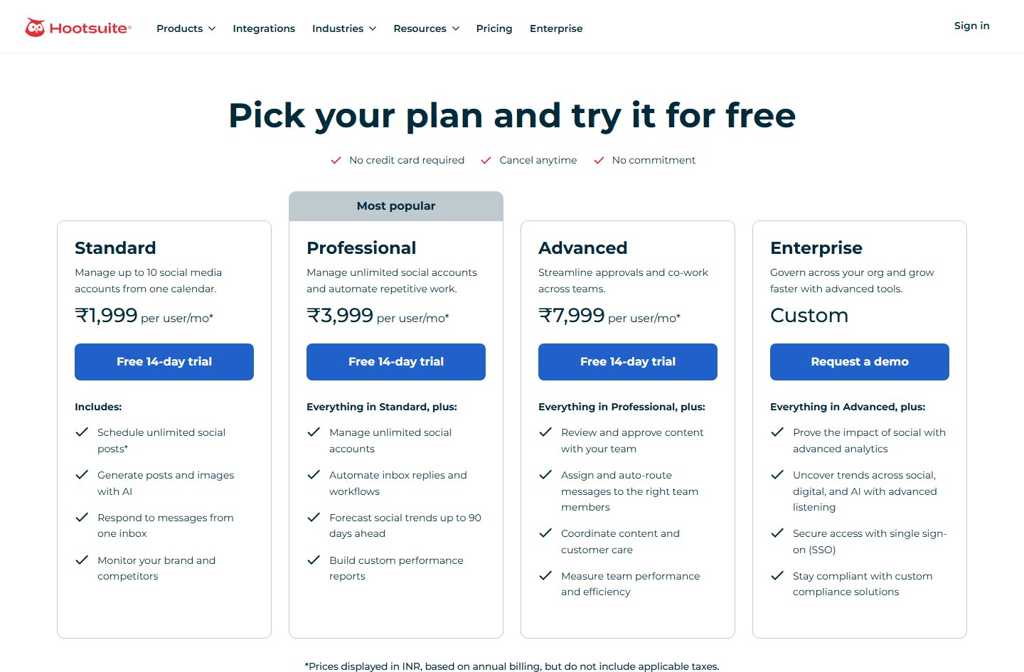 Hootsuite's pricing page in 2026 showing four plans