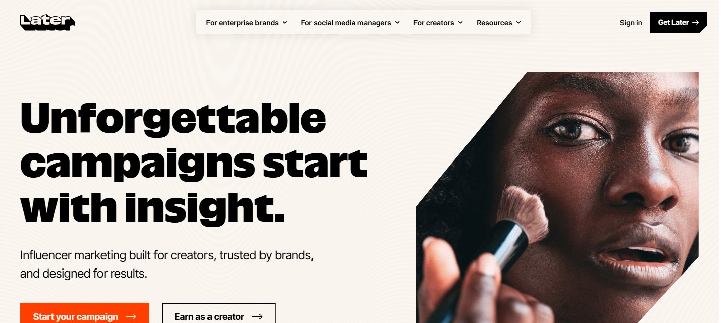 Later's homepage in 2026, leading with influencer campaigns