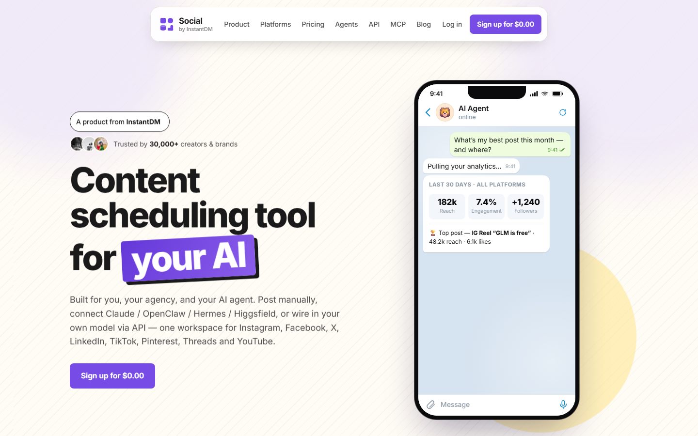 Social by InstantDM, a paid scheduler with a free trial rather than a free tier