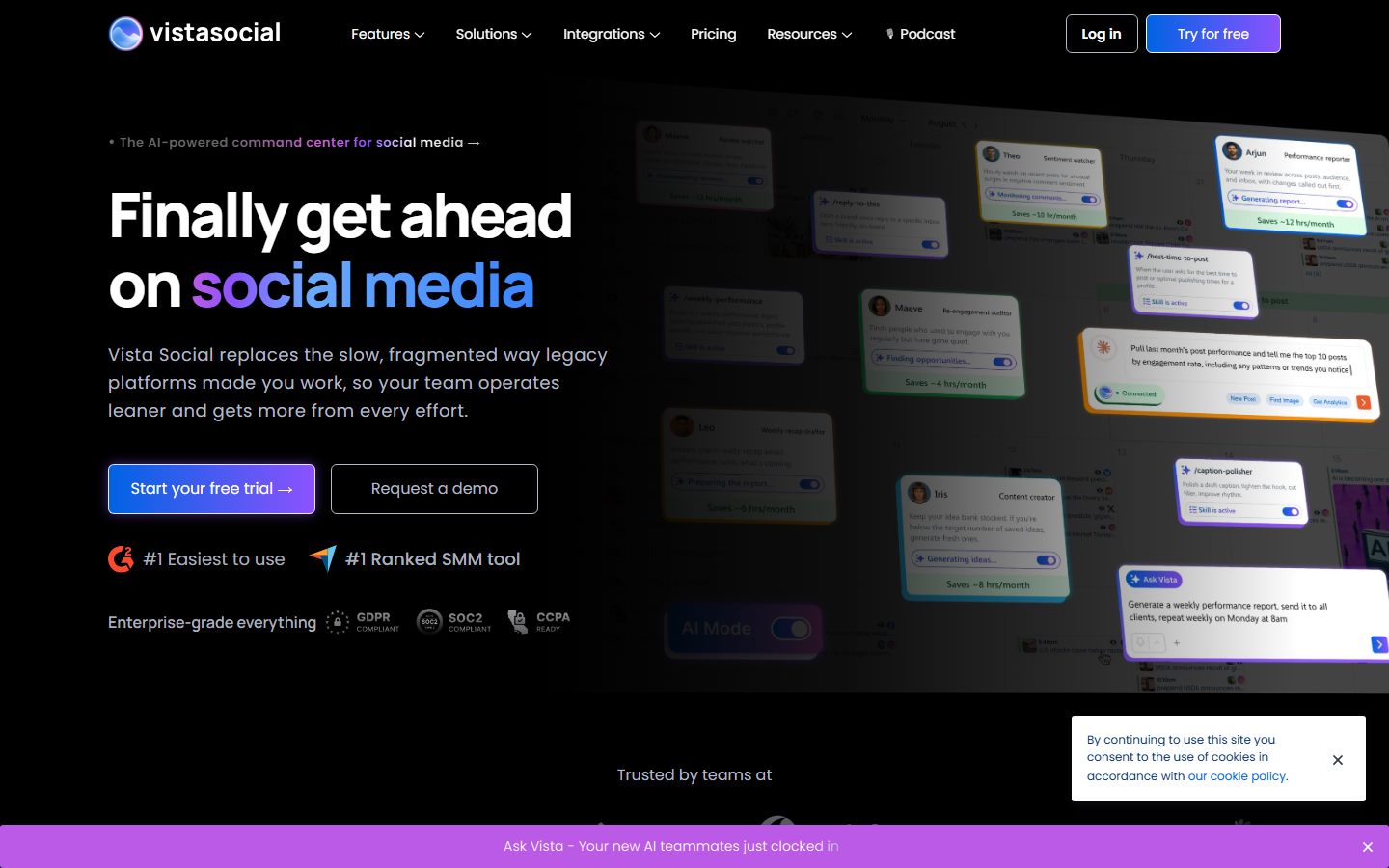 Vista Social's homepage — no free plan on it any more