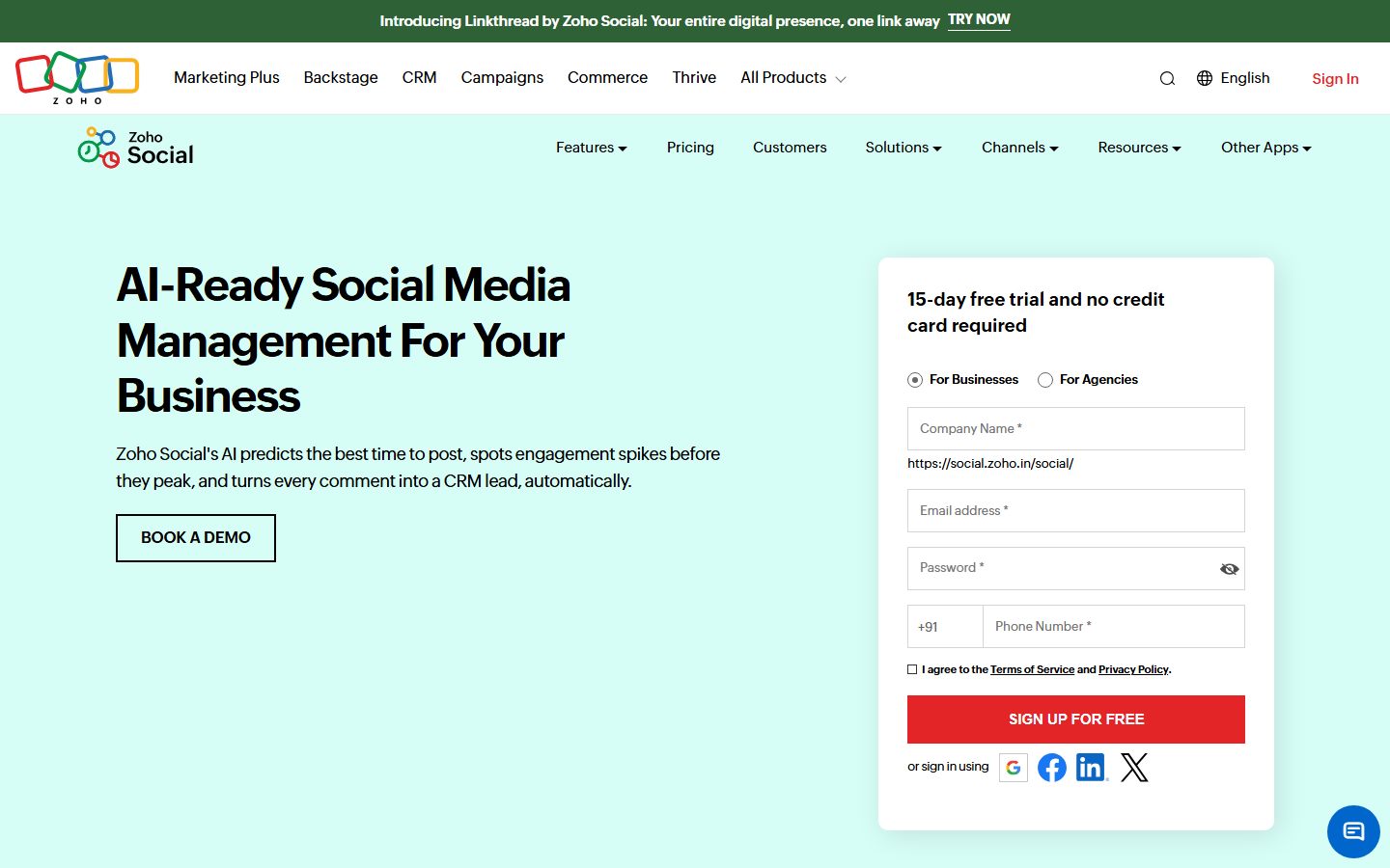 Zoho Social's homepage